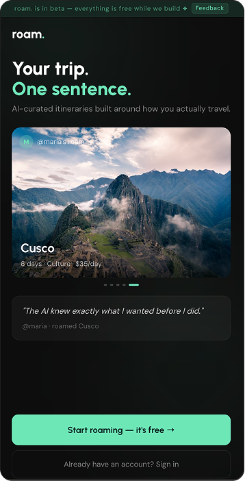 roam. intro sign-up screen